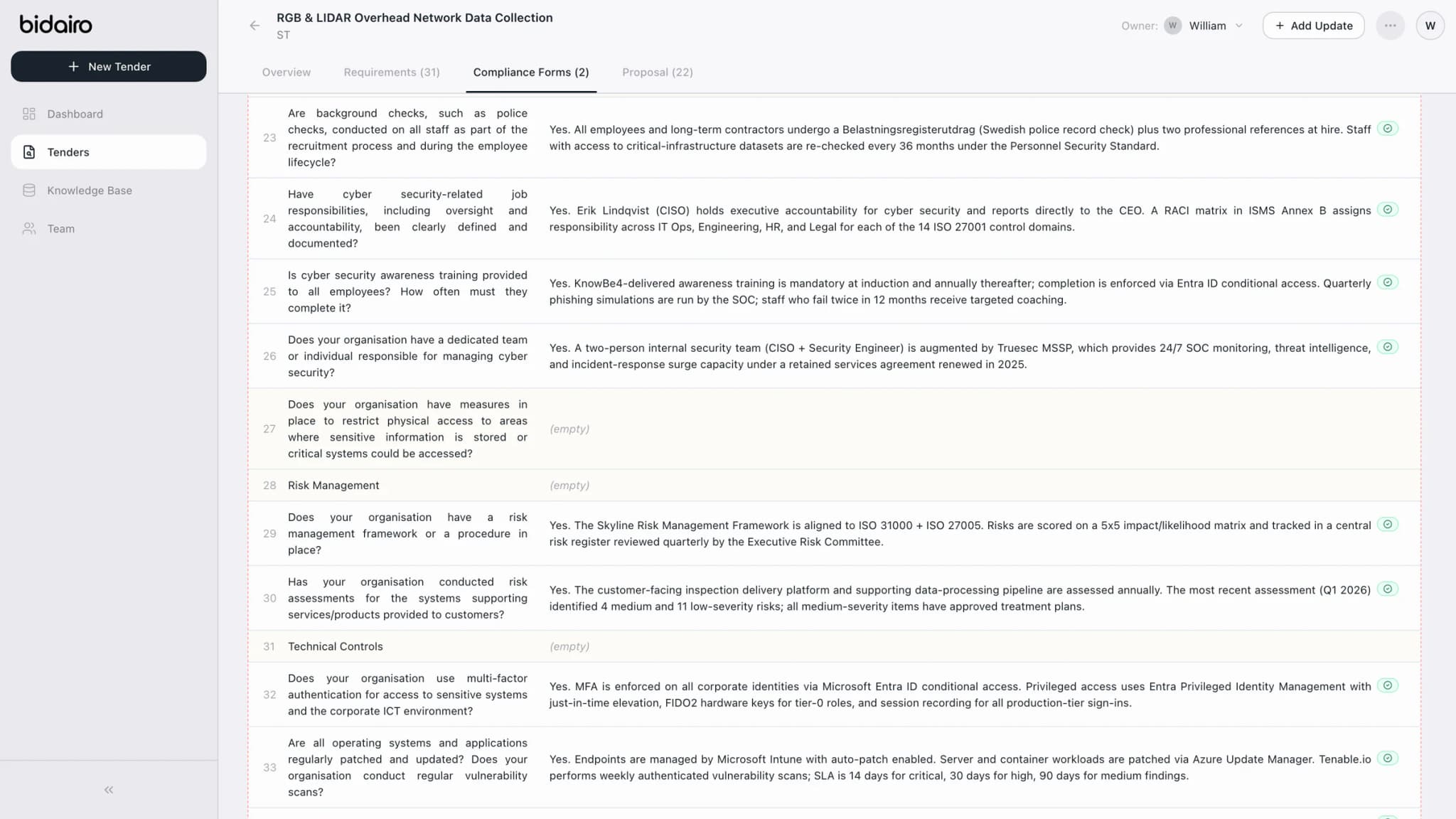 Bidairo Compliance Forms - Excel and Word questionnaires auto-filled from the Knowledge Base, gaps highlighted.