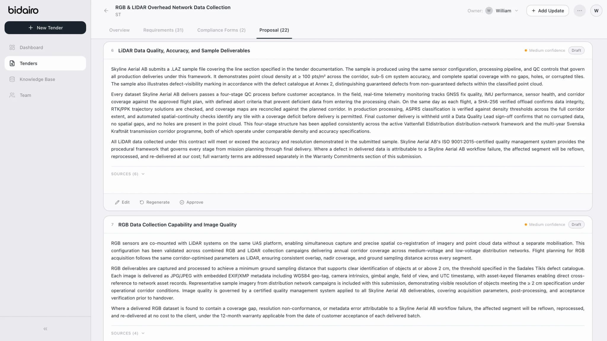 Bidairo Proposals editor - section-by-section draft with inline KB citations and export controls.