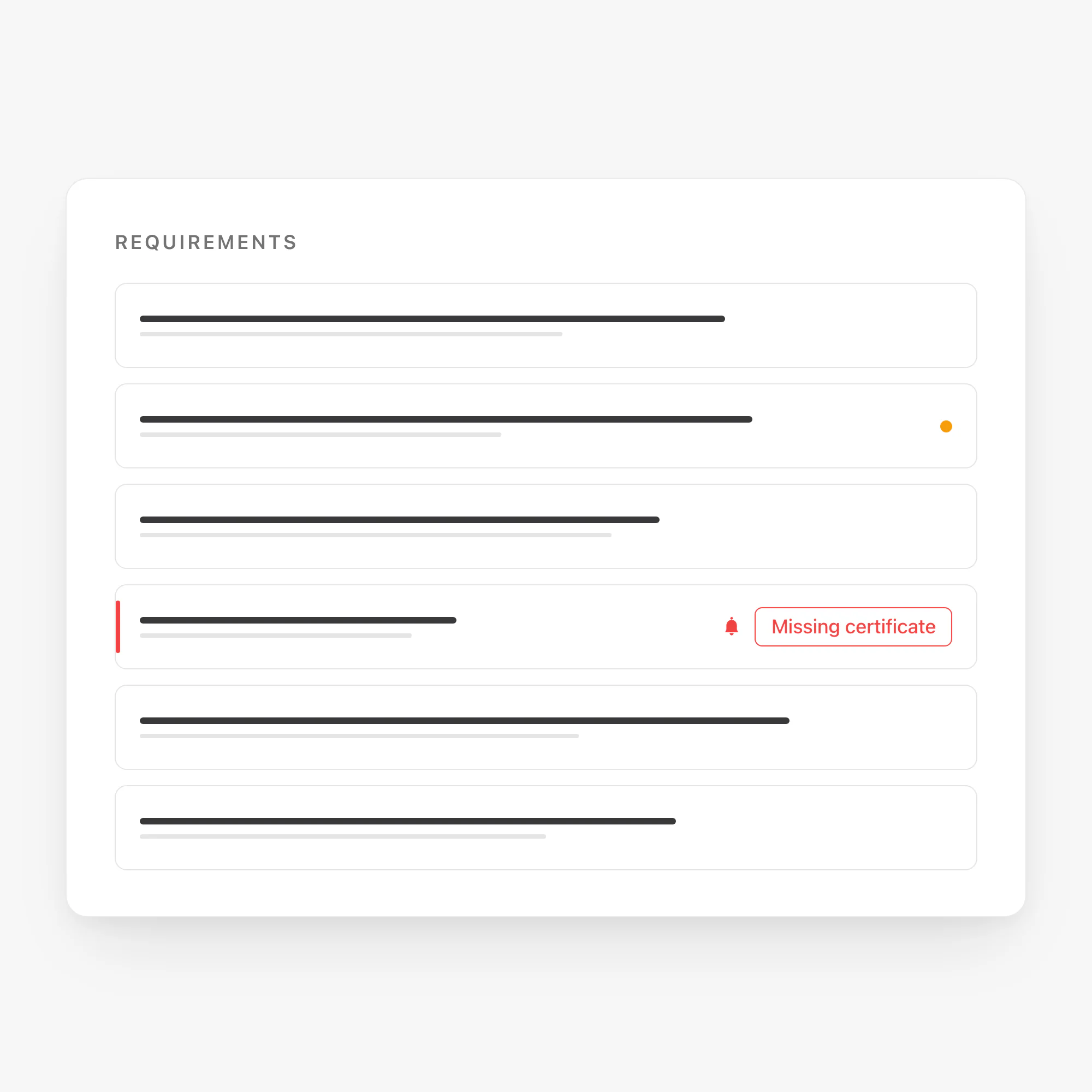 Extracted requirements card with one flagged as a missing certificate