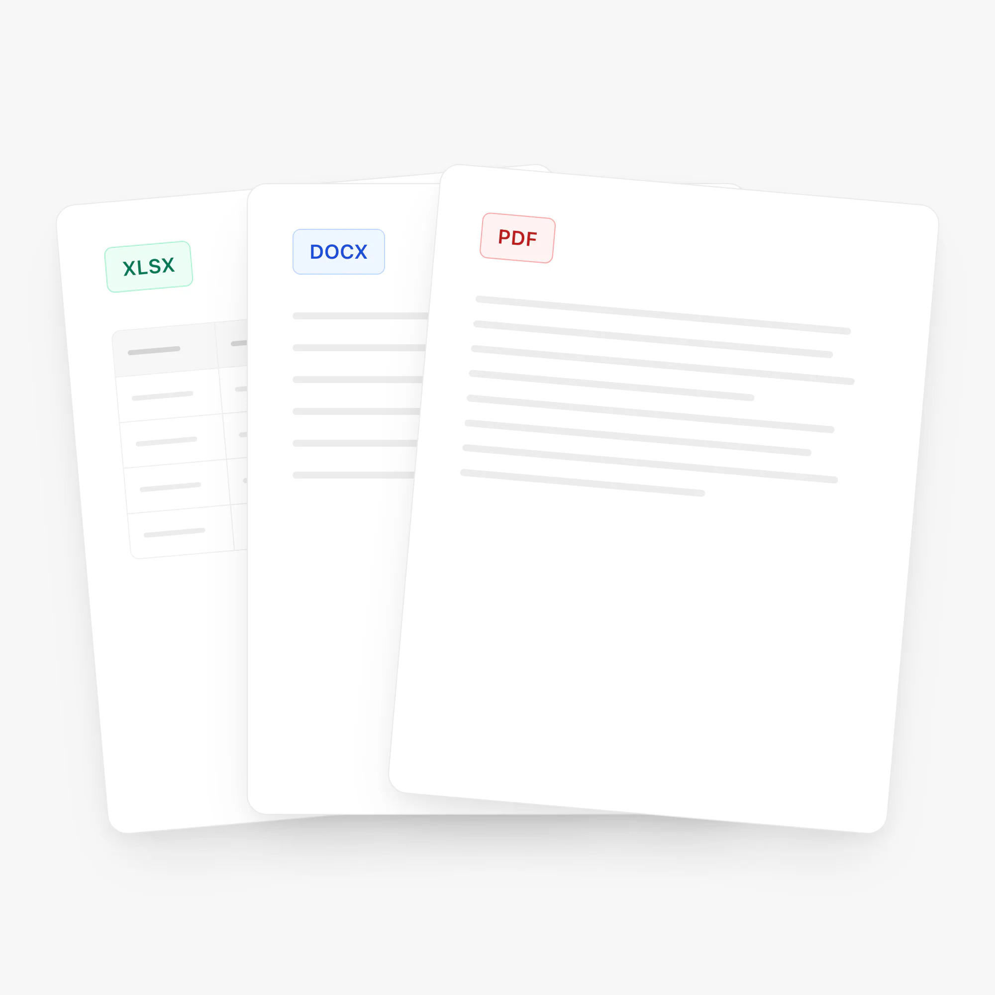 PDF, Word and Excel documents fanned horizontally